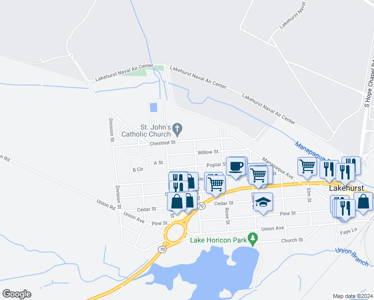 map of restaurants, bars, coffee shops, grocery stores, and more near 605 Willow St in Lakehurst