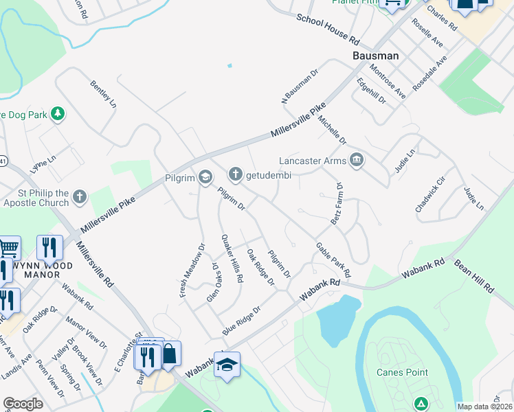 map of restaurants, bars, coffee shops, grocery stores, and more near 1902 Friends Lane in Lancaster