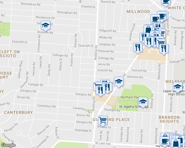 map of restaurants, bars, coffee shops, grocery stores, and more near 2170 Harwitch Road in Columbus