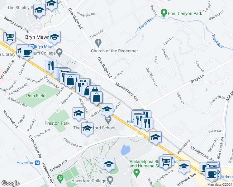 map of restaurants, bars, coffee shops, grocery stores, and more near 452 Booth Circle in Haverford
