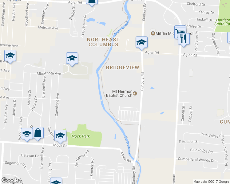 map of restaurants, bars, coffee shops, grocery stores, and more near 2303 Doneen Drive in Columbus