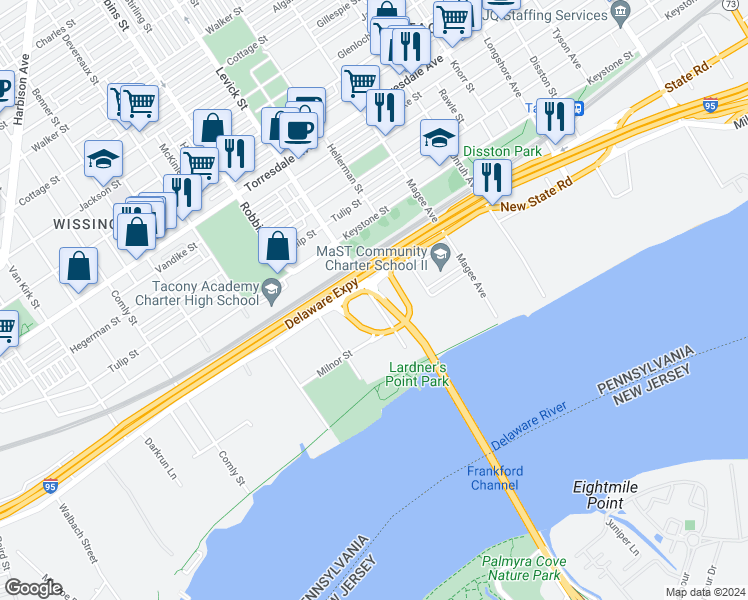 map of restaurants, bars, coffee shops, grocery stores, and more near 5008 Levick Street in Philadelphia