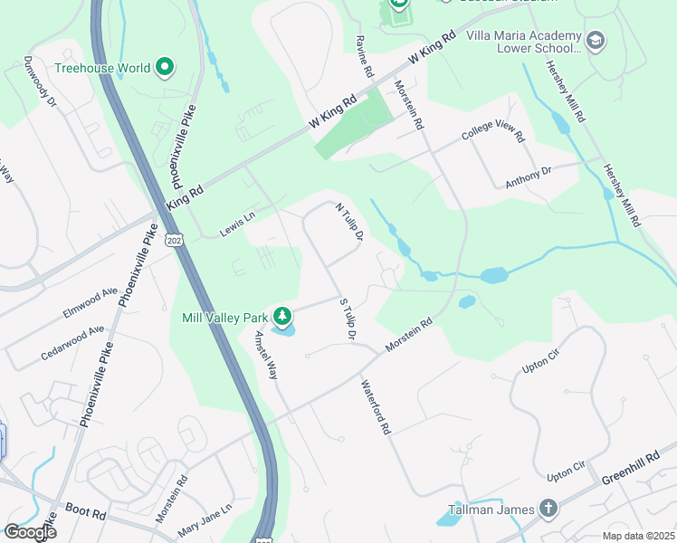 map of restaurants, bars, coffee shops, grocery stores, and more near 1305 North Tulip Drive in West Chester