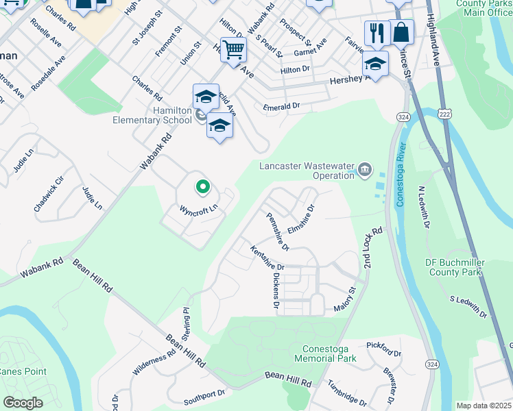 map of restaurants, bars, coffee shops, grocery stores, and more near 1070 Sterling Place in Lancaster