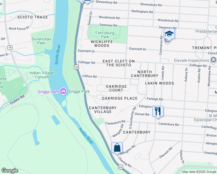 map of restaurants, bars, coffee shops, grocery stores, and more near 2800 Churchill Drive in Upper Arlington