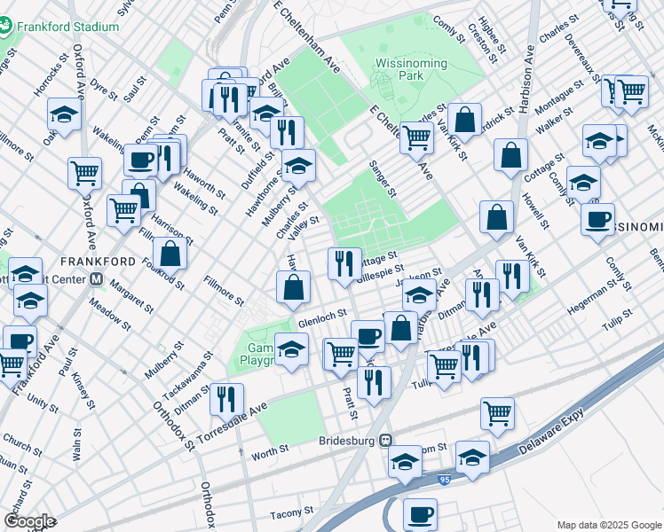 map of restaurants, bars, coffee shops, grocery stores, and more near 5120 Cottage Street in Philadelphia