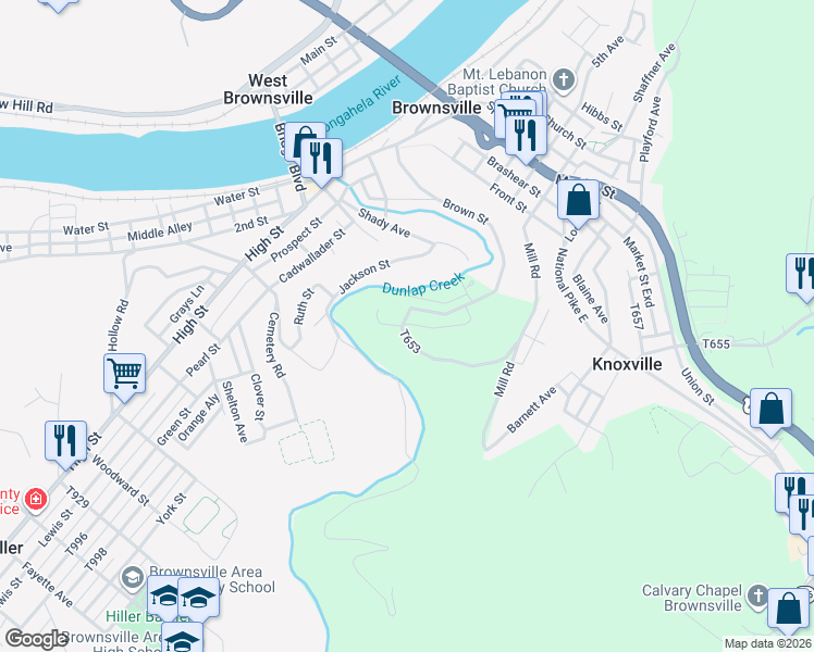 map of restaurants, bars, coffee shops, grocery stores, and more near 233 Brown St in Brownsville