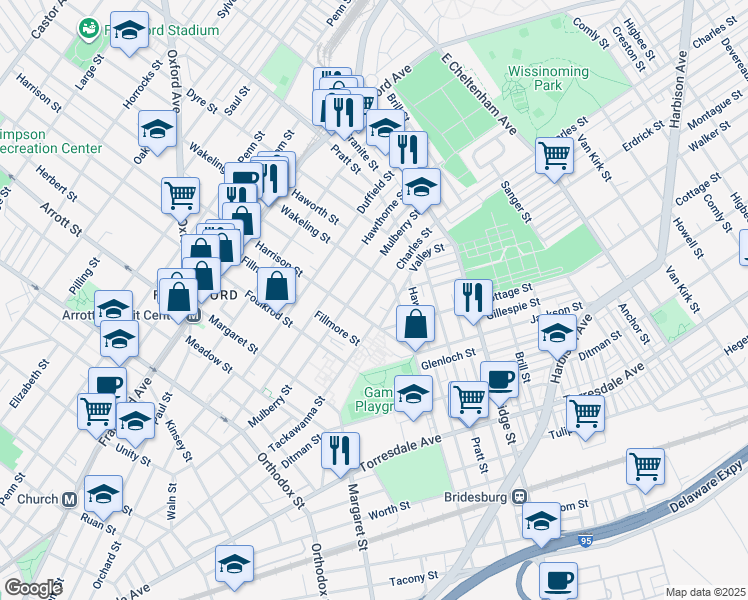 map of restaurants, bars, coffee shops, grocery stores, and more near 4924 Charles St in Philadelphia