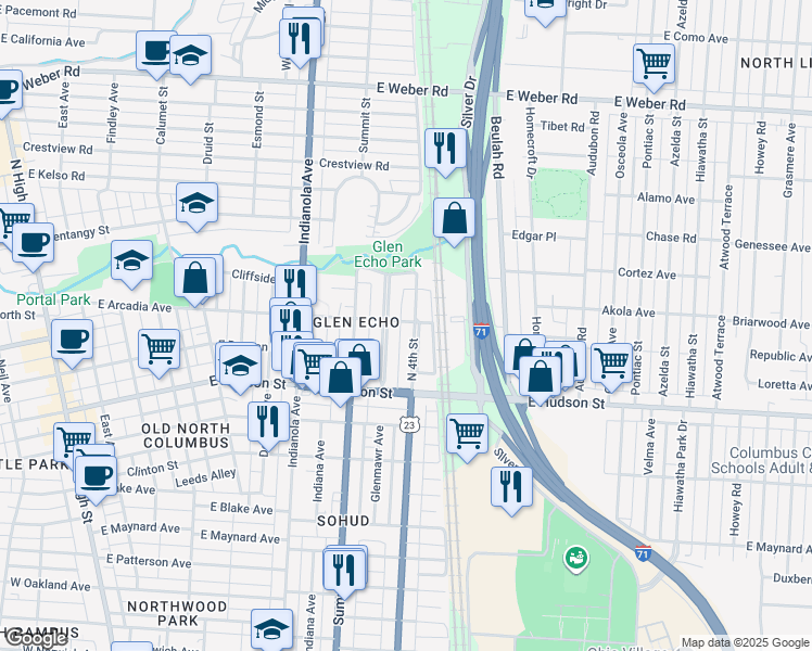 map of restaurants, bars, coffee shops, grocery stores, and more near 2603 North 4th Street in Columbus