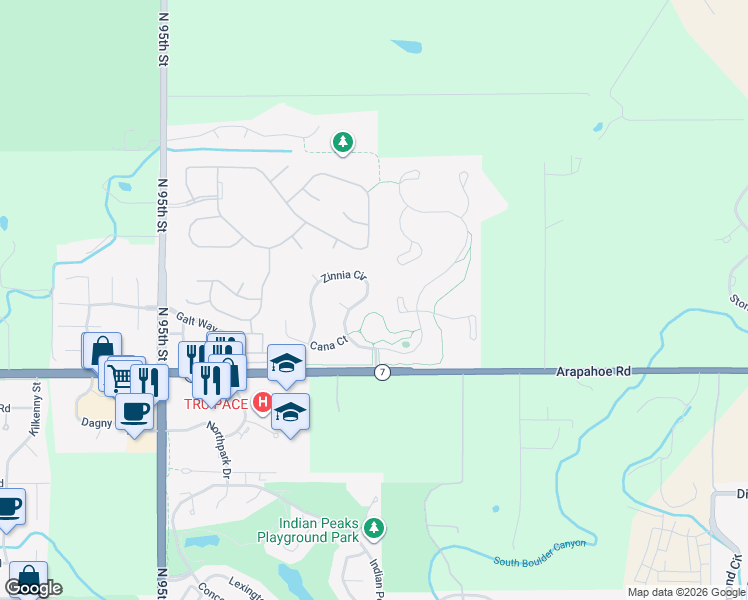 map of restaurants, bars, coffee shops, grocery stores, and more near 2366 Hillside Terrace in Lafayette