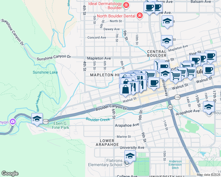 map of restaurants, bars, coffee shops, grocery stores, and more near 600 Spruce Street in Boulder