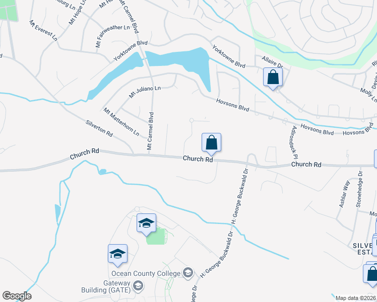 map of restaurants, bars, coffee shops, grocery stores, and more near 2070 Church Road in Toms River