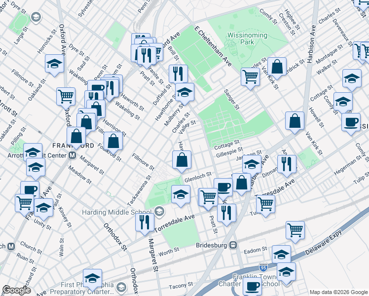 map of restaurants, bars, coffee shops, grocery stores, and more near 1894 Pratt Street in Philadelphia