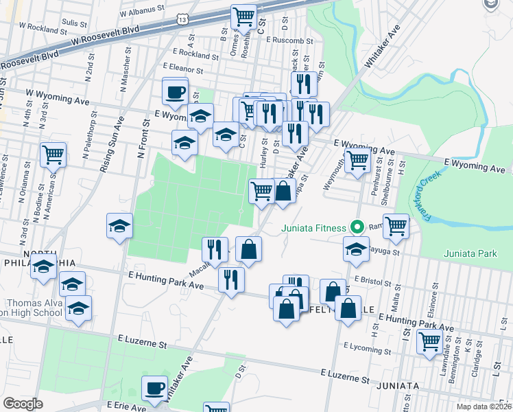 map of restaurants, bars, coffee shops, grocery stores, and more near 4449 Hurley Street in Philadelphia