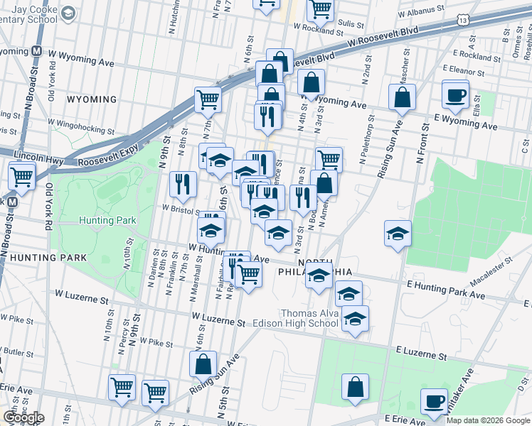 map of restaurants, bars, coffee shops, grocery stores, and more near 4319 North Lawrence Street in Philadelphia