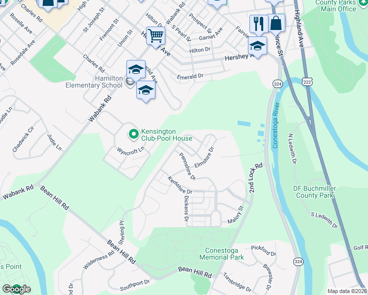 map of restaurants, bars, coffee shops, grocery stores, and more near 101 Pennshire Drive in Lancaster
