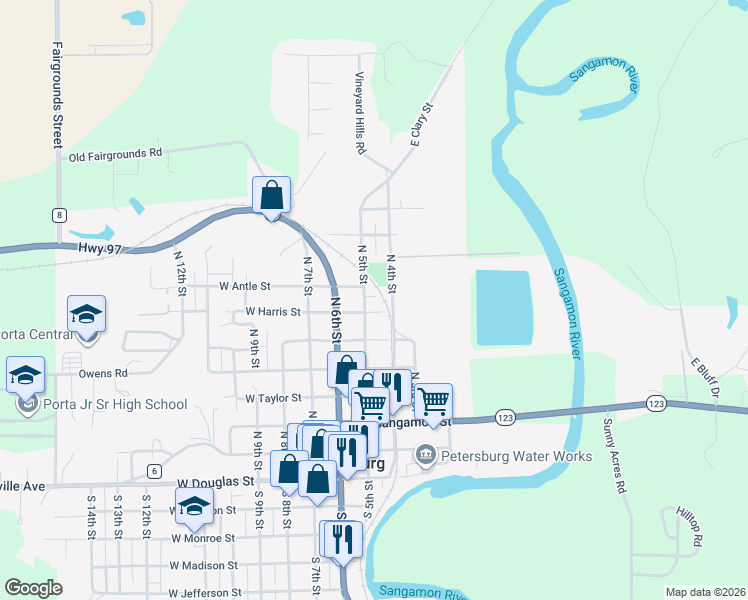 map of restaurants, bars, coffee shops, grocery stores, and more near 700-798 North 5th Street in Petersburg