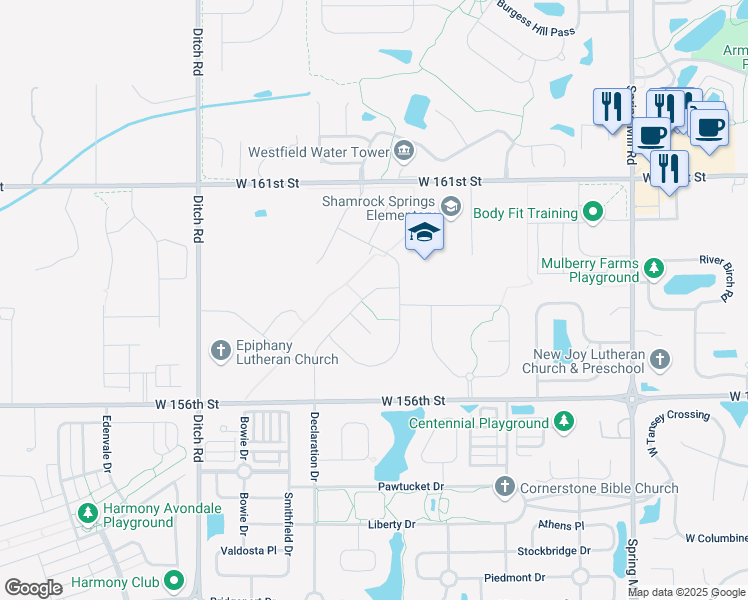 map of restaurants, bars, coffee shops, grocery stores, and more near 1046 West 156th Street in Westfield