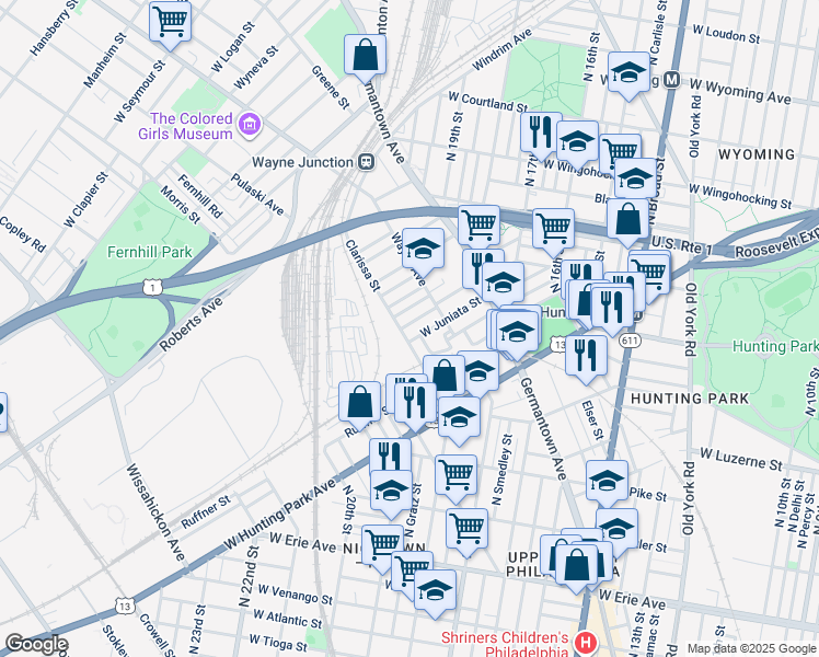 map of restaurants, bars, coffee shops, grocery stores, and more near 1952 Brunner Street in Philadelphia