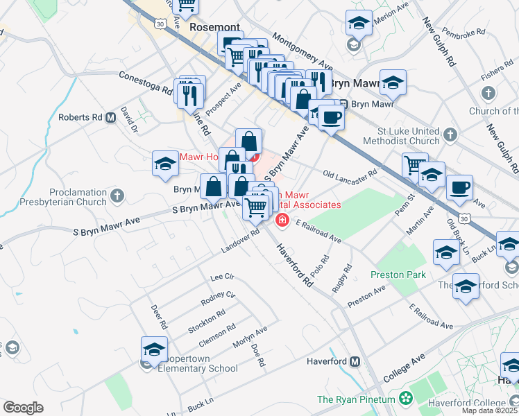 map of restaurants, bars, coffee shops, grocery stores, and more near 746 West Railroad Avenue in Bryn Mawr