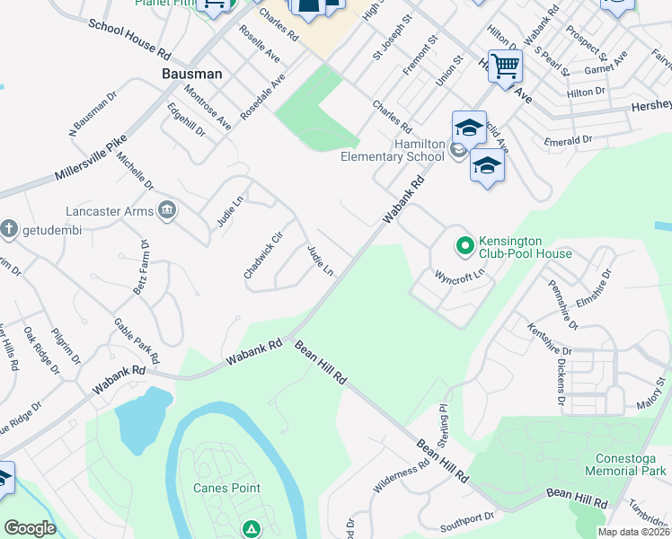 map of restaurants, bars, coffee shops, grocery stores, and more near 1635 Wabank Road in Lancaster