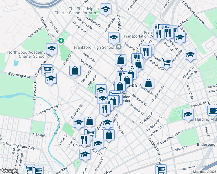 map of restaurants, bars, coffee shops, grocery stores, and more near 4650 Penn Street in Philadelphia