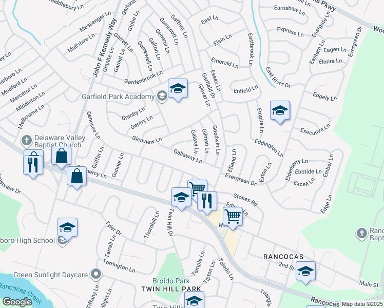 map of restaurants, bars, coffee shops, grocery stores, and more near 34 Galaxy Lane in Willingboro