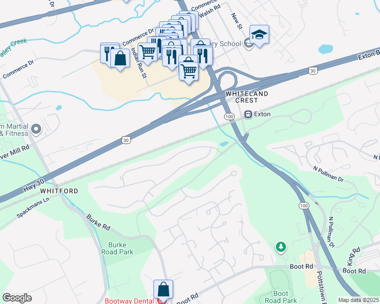 map of restaurants, bars, coffee shops, grocery stores, and more near 136 Birchwood Drive in West Chester
