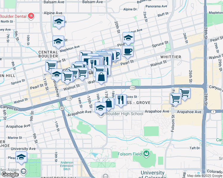 map of restaurants, bars, coffee shops, grocery stores, and more near 1802 Canyon Boulevard in Boulder