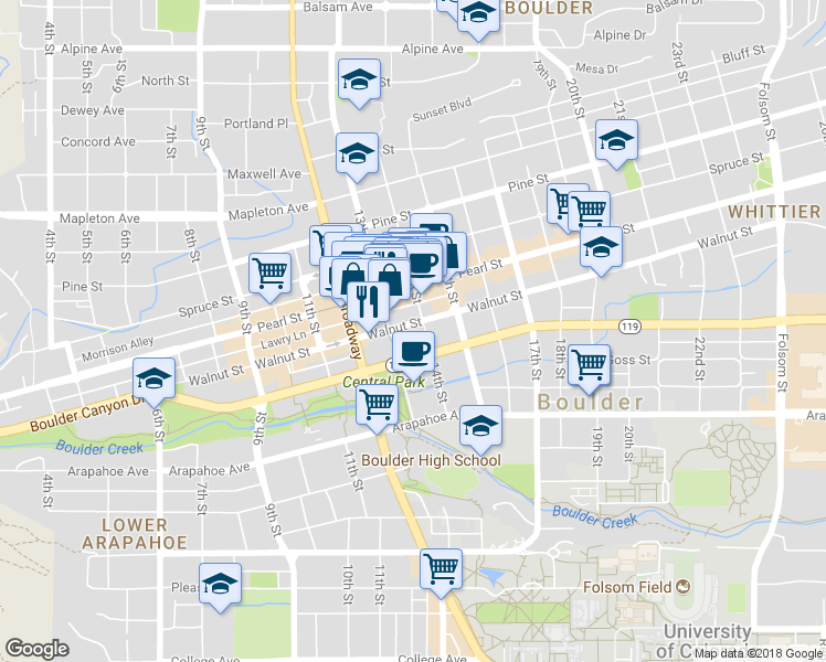map of restaurants, bars, coffee shops, grocery stores, and more near in Boulder