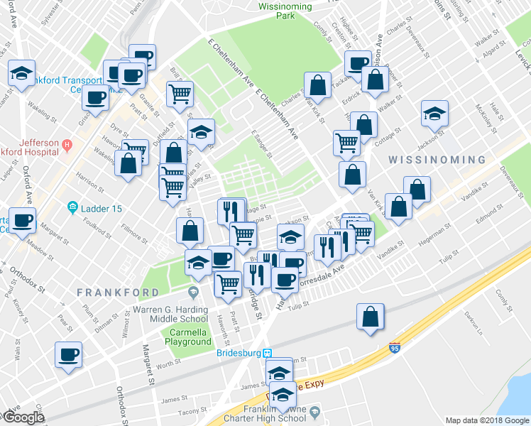 map of restaurants, bars, coffee shops, grocery stores, and more near 5305 Gillespie Street in Philadelphia
