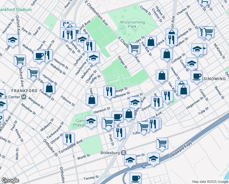 map of restaurants, bars, coffee shops, grocery stores, and more near 5217 Cottage Street in Philadelphia