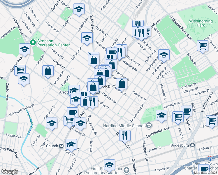 map of restaurants, bars, coffee shops, grocery stores, and more near 4727 Salem Street in Philadelphia