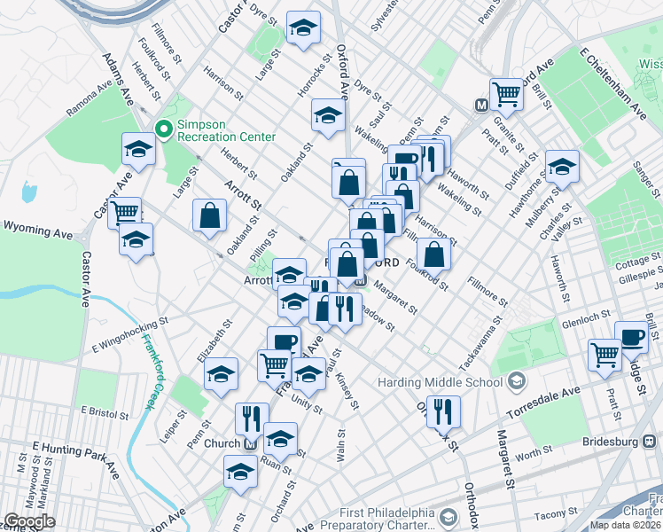 map of restaurants, bars, coffee shops, grocery stores, and more near 4653 Penn Street in Philadelphia