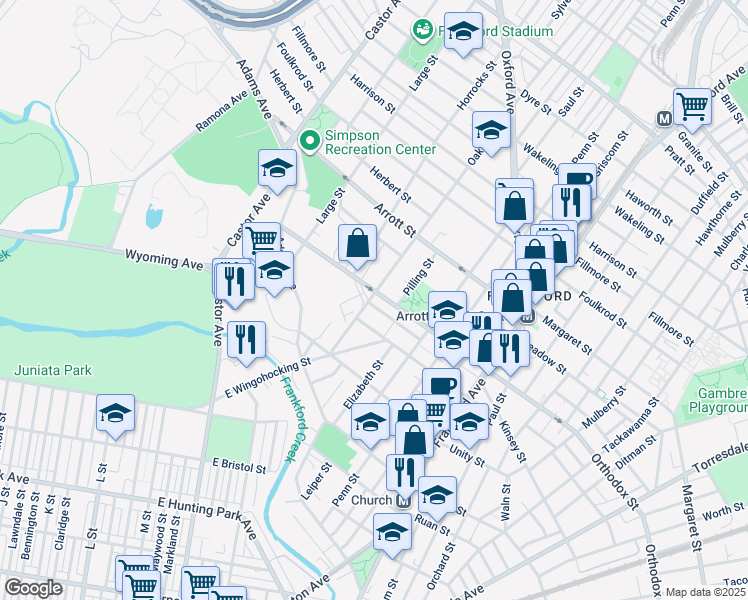 map of restaurants, bars, coffee shops, grocery stores, and more near 1310 Orthodox Street in Philadelphia