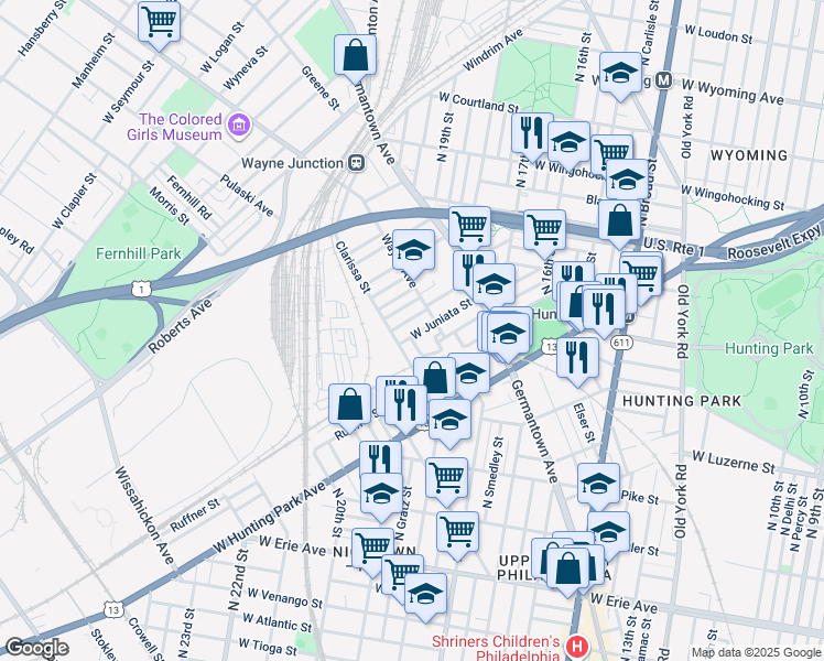 map of restaurants, bars, coffee shops, grocery stores, and more near 1833 West Juniata Street in Philadelphia
