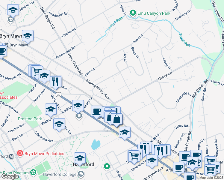 map of restaurants, bars, coffee shops, grocery stores, and more near 117 Orchard Lane in Haverford