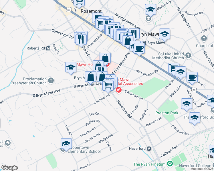 map of restaurants, bars, coffee shops, grocery stores, and more near 746 West Railroad Avenue in Bryn Mawr
