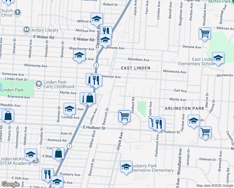 map of restaurants, bars, coffee shops, grocery stores, and more near 1812 Myrtle Avenue in Columbus