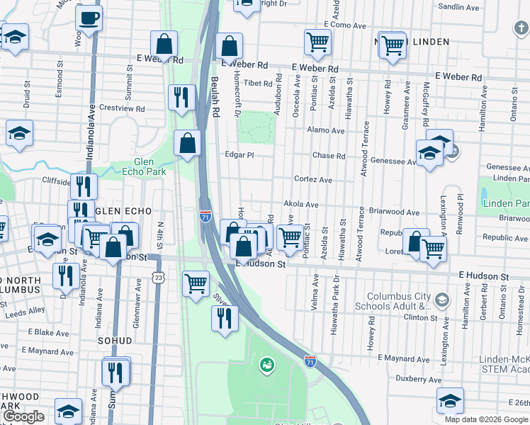 map of restaurants, bars, coffee shops, grocery stores, and more near 714 East Arcadia Avenue in Columbus