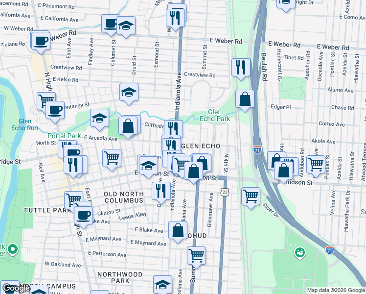map of restaurants, bars, coffee shops, grocery stores, and more near 2625 Glen Echo Drive in Columbus