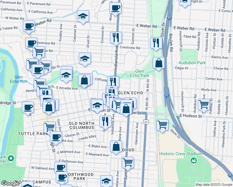 map of restaurants, bars, coffee shops, grocery stores, and more near 2627 Indianola Avenue in Columbus