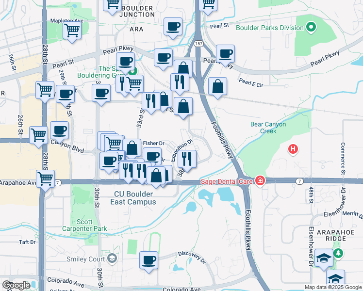map of restaurants, bars, coffee shops, grocery stores, and more near 1798 Exposition Drive in Boulder