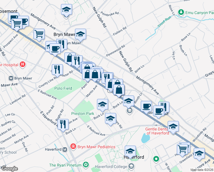 map of restaurants, bars, coffee shops, grocery stores, and more near 555 West Lancaster Avenue in Haverford