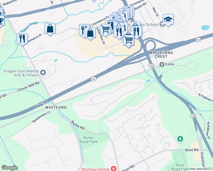 map of restaurants, bars, coffee shops, grocery stores, and more near 1494 Pottstown Park in Exton