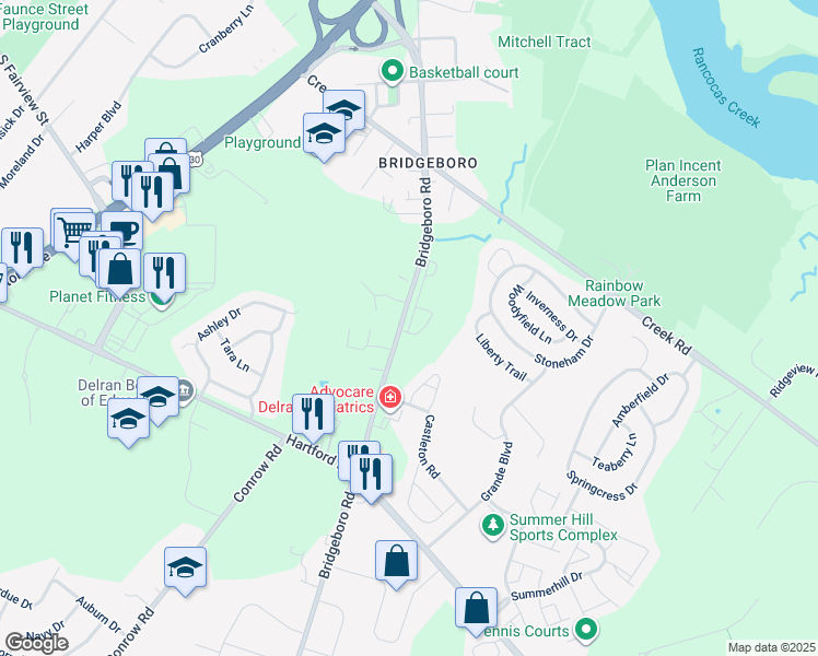 map of restaurants, bars, coffee shops, grocery stores, and more near 103 Lawrence Lane in Delran