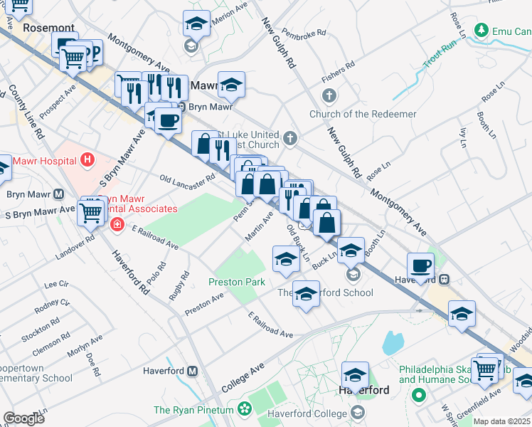 map of restaurants, bars, coffee shops, grocery stores, and more near 898 Martin Avenue in Bryn Mawr