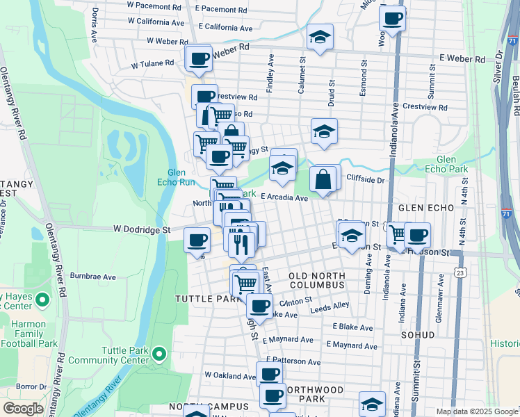 map of restaurants, bars, coffee shops, grocery stores, and more near 64 East Dodridge Street in Columbus