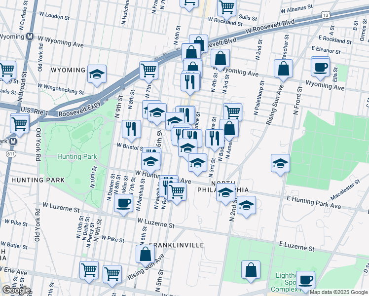 map of restaurants, bars, coffee shops, grocery stores, and more near 4321 North 5th Street in Philadelphia