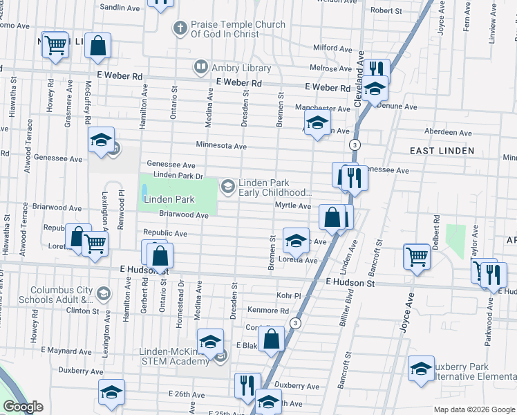 map of restaurants, bars, coffee shops, grocery stores, and more near 1481 Myrtle Avenue in Columbus